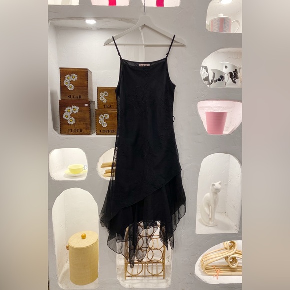 Black Mesh Asymmetrical Flowy Adjustable Spaghetti Strap Dress with Ruffle Skirt - Picture 5 of 7